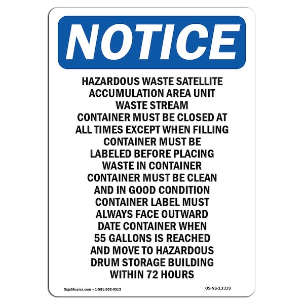 Sign, 5" H, 3.5" W, Hazardous Waste Satellite AccumulatiSign, Portrait, NS-D-35-V-13339-10PK